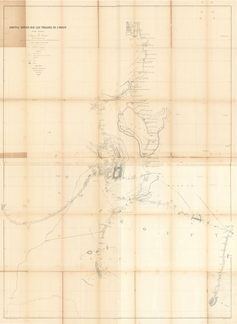 Routes suivies par les Touareg de l'Ouest Sahara caravan routes BISSUEL 1888 map: Title: Routes suivies par les Touareg de l'Ouest Sahara caravan routes BISSUEL 1888 map Description: Routes Suivies Par Les Touareg De L'Ouest'. The map shows the trans-Saharan routes used by the Toua