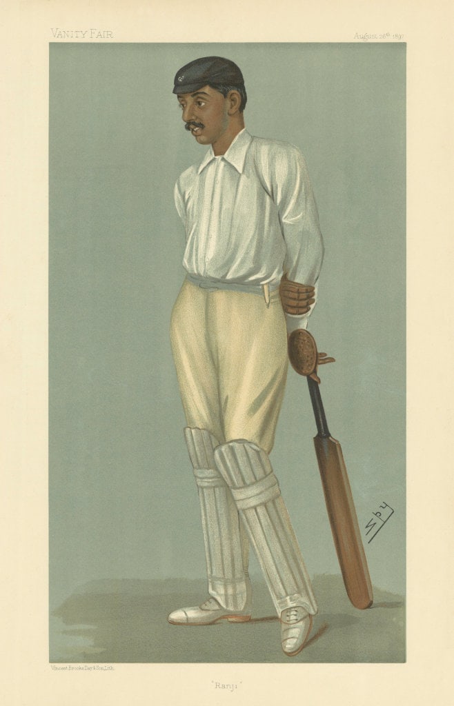 VANITY FAIR SPY CARTOON K.S. Ranjitsinhji 'Ranji' Indian Cricket. Batsman 1897: Title: VANITY FAIR SPY CARTOON K.S. Ranjitsinhji 'Ranji' Indian Cricket. Batsman 1897 Description: Ranji [K.S. Ranjitsinhji, Colonel H. H. Shri Sir Ranjitsinhji Vibhaji II, Jam Saheb of Nawanagar]. RA