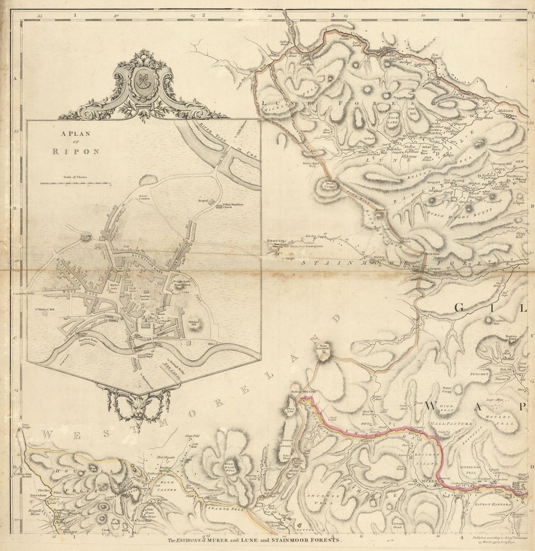 Ripon town plan & Yorkshire Dales. Lune & Stainmoor Forests. T Jefferys 1772 map (1 of 1)