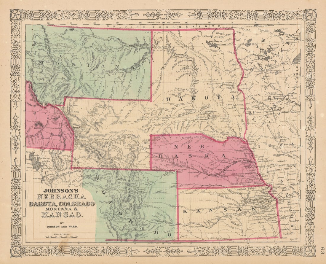 Johnson's Nebraska, Dakota, Colorado, Montana & Kansas. Johnson & Ward 1865 map (1 of 1)