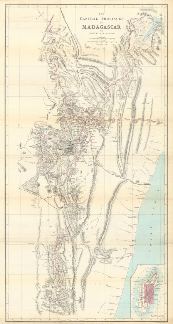 Central Provinces of Madagascar by Joseph Mullens. RGS 1875 old antique map: Title: Central Provinces of Madagascar by Joseph Mullens. RGS 1875 old antique map Description: The Central Provinces of Madagascar'. The Central Provinces of Madagascar. By Joseph Mullens, D.D.,