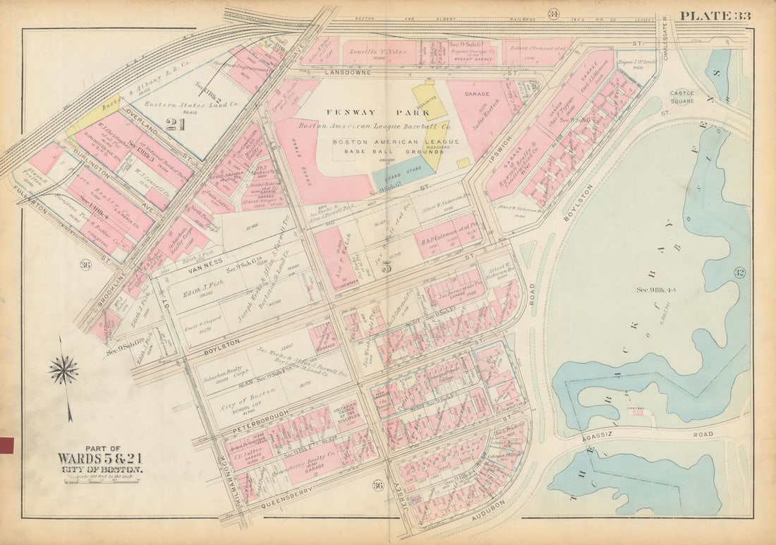 Boston #33 Fenway Park Boston Red Sox Stadium & Kenmore. BROMLEY 1928 old map (1 of 1)