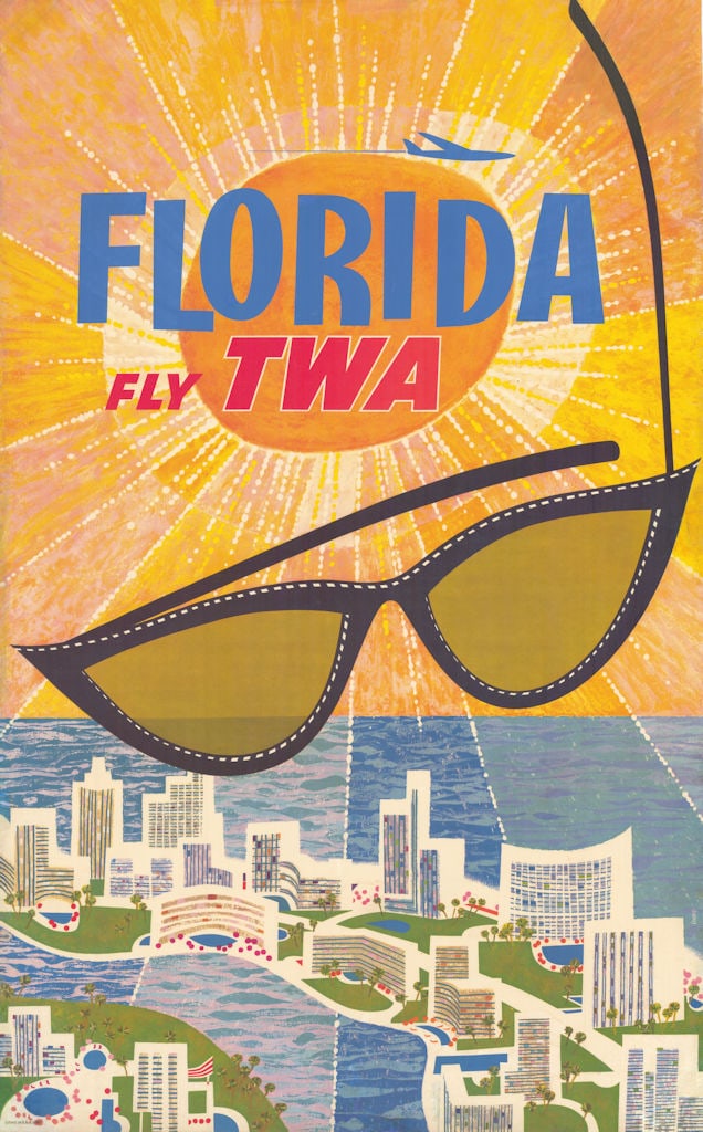 Florida - Fly TWA by David Klein. Miami Beach mid-century tourism poster c1960: Title: Florida - Fly TWA by David Klein. Miami Beach mid-century tourism poster c1960 Description: Florida - Fly TWA'. A lively mid-century TWA travel poster by David Klein, capturing the sunshine, be
