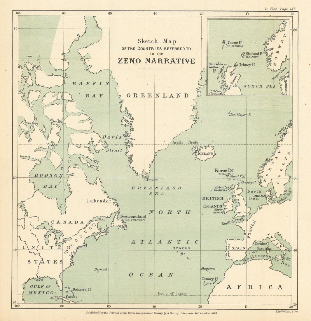 Zeno Narrative map. Pre-Columbian discovery of America. Estotiland Drogeo 1873 (1 of 1)