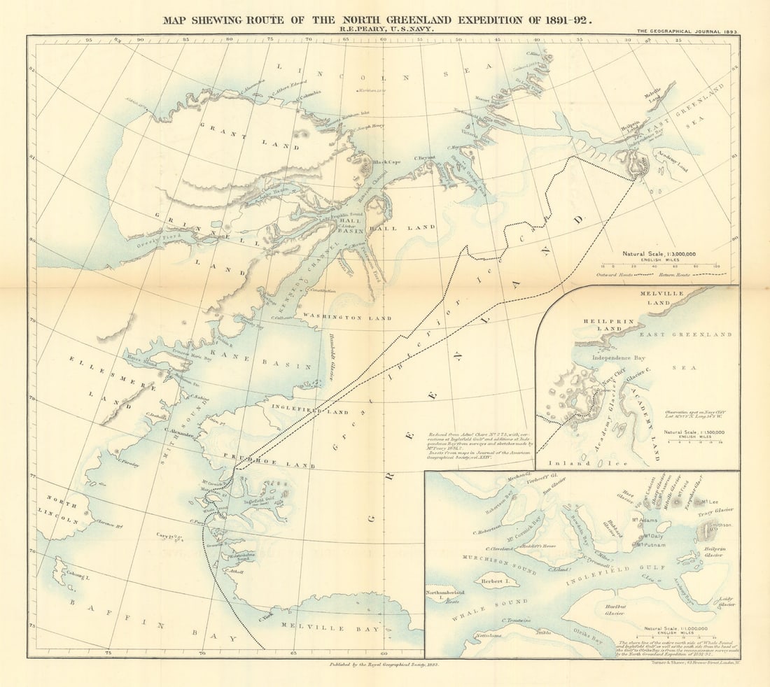 Robert Peary's 1891-2 North Greenland Expedition route. RGS 1893 old map (1 of 1)