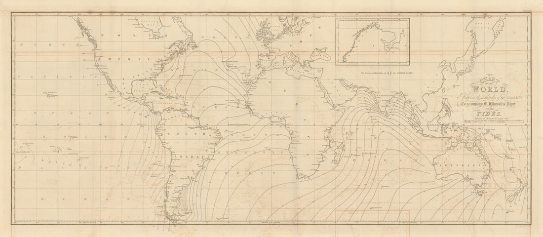 World Chart illustrating Whewell?s tidal theory for the Royal Society 1833 map: Title: World Chart illustrating Whewell’s tidal theory for the Royal Society 1833 map Description: Chart of the World, between the latitudes of 60° N and 55° S. To accompany Mr. Whewel
