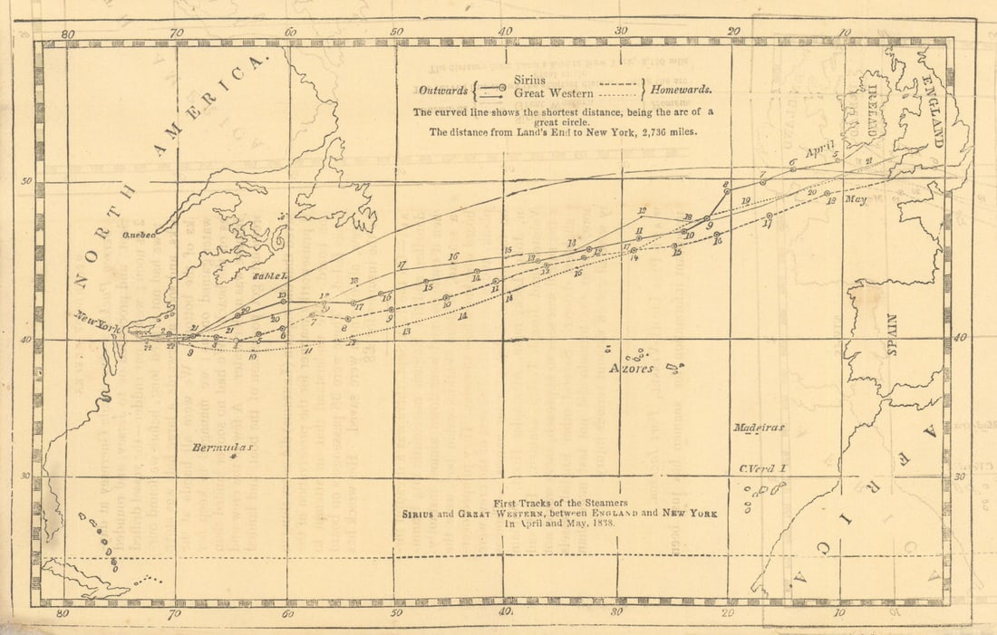 SS Great Western & Sirius maiden voyage?map & report of arrival in New York 1838 (1 of 1)