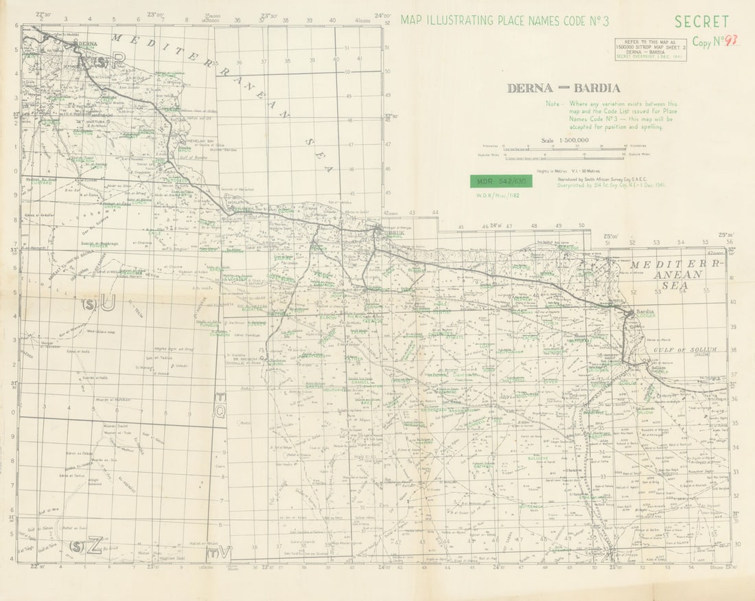 Derna-Bardia?WW2?Secret?Operation Crusader?Place names code #3?1 Dec 1941 map: Title: Derna-Bardia—WW2—Secret—Operation Crusader—Place names code #3—1 Dec 1941 map Description: Sitrop Map Sheet 2: Derna—Bardia—Secret—Map Illustrati