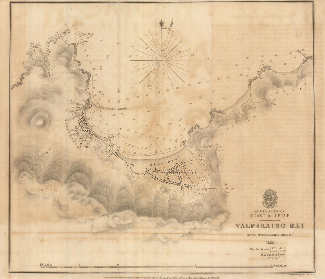 Valparaiso Bay ? Coast of Chile by the Officers of HMS Beagle. Darwin 1842 map: Title: Valparaiso Bay — Coast of Chile by the Officers of HMS Beagle. Darwin 1842 map Description: South America—Coast of Chile—Valparaiso Bay'. A chart of Valparaíso “by