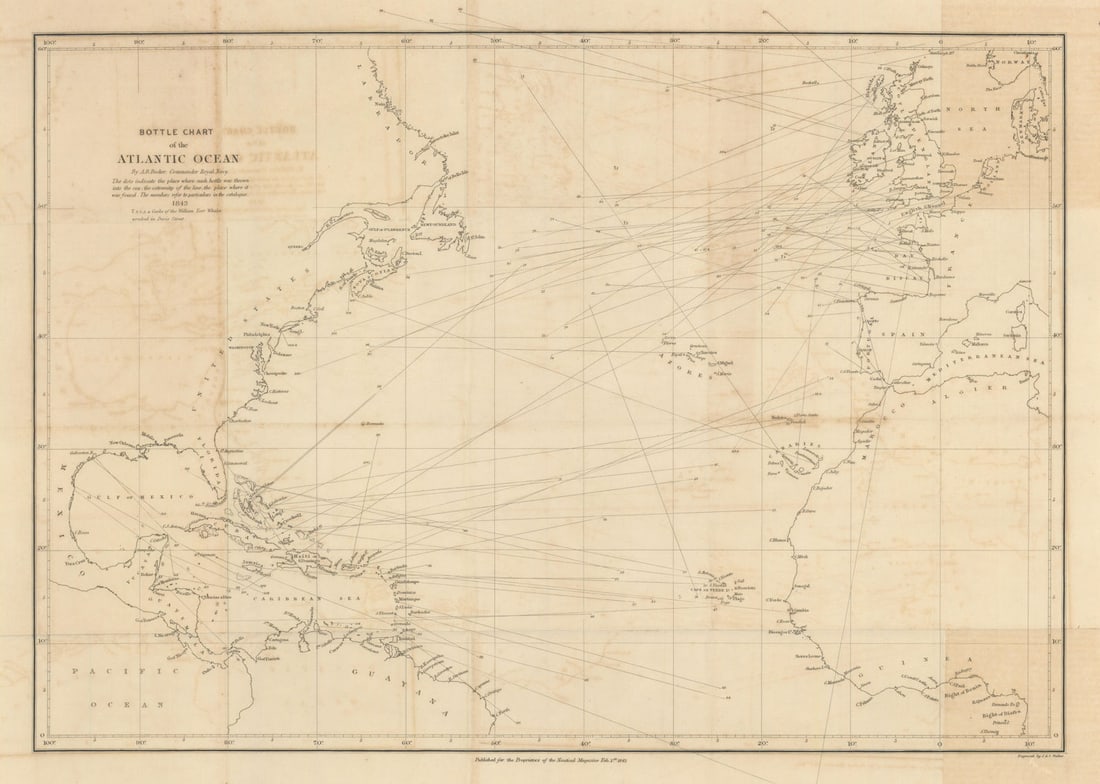 Bottle Chart of the Atlantic Ocean by A. B. Becher. Oceanic currents 1843 map (1 of 1)