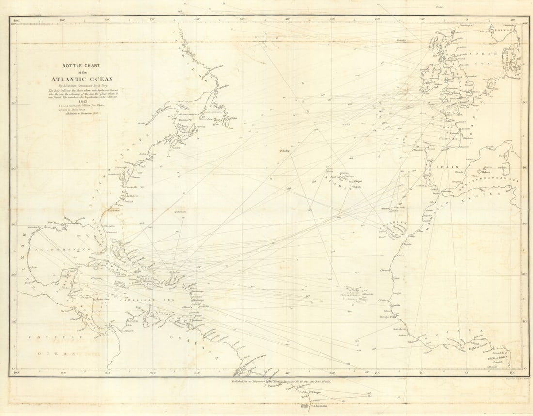 Bottle Chart of the Atlantic Ocean by A. B. Becher. Oceanic currents 1852 map: Title: Bottle Chart of the Atlantic Ocean by A. B. Becher. Oceanic currents 1852 map Description: Bottle Chart of the Atlantic Ocean'. A striking and scientifically important thematic chart,