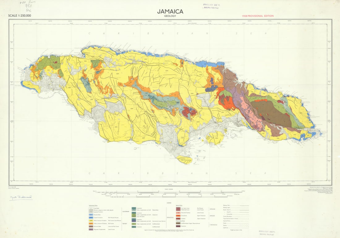 Geological Survey of Jamaica?Geology?1958 Provisional Edition?V.A. Zans 1959 map: Title: Geological Survey of Jamaica—Geology—1958 Provisional Edition—V.A. Zans 1959 map Description: Jamaica—Geology '. Geological Survey of Jamaica. V.A. Zans Director. Drawn 