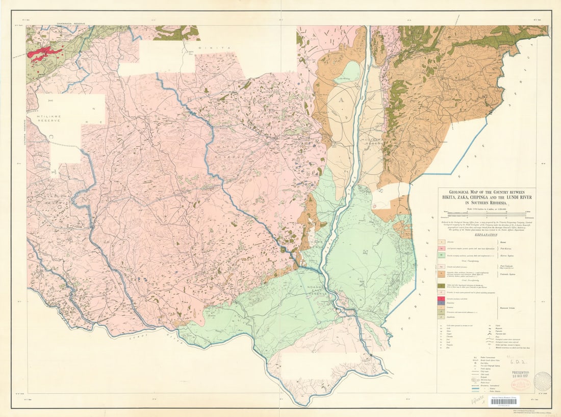 Geological Map of the Country between? in Southern Rhodesia?Zimbabwe 1933: Title: Geological Map of the Country between… in Southern Rhodesia—Zimbabwe 1933 Description: Geological Map of the Country between Bikita, Zaka, Chipinga and the Lundi River in Southern