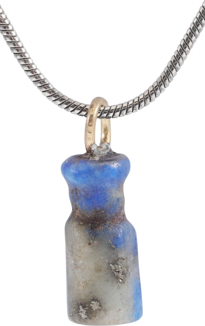 VIKING LAPUS LAZULI AMULET C.800-1050 AD: Hand crafted (1000 years ago!) gem stone of bottle form with faceted body and compressed neck. Part of a larger necklace of “aegis” form with several tiers strung and cross bound into a