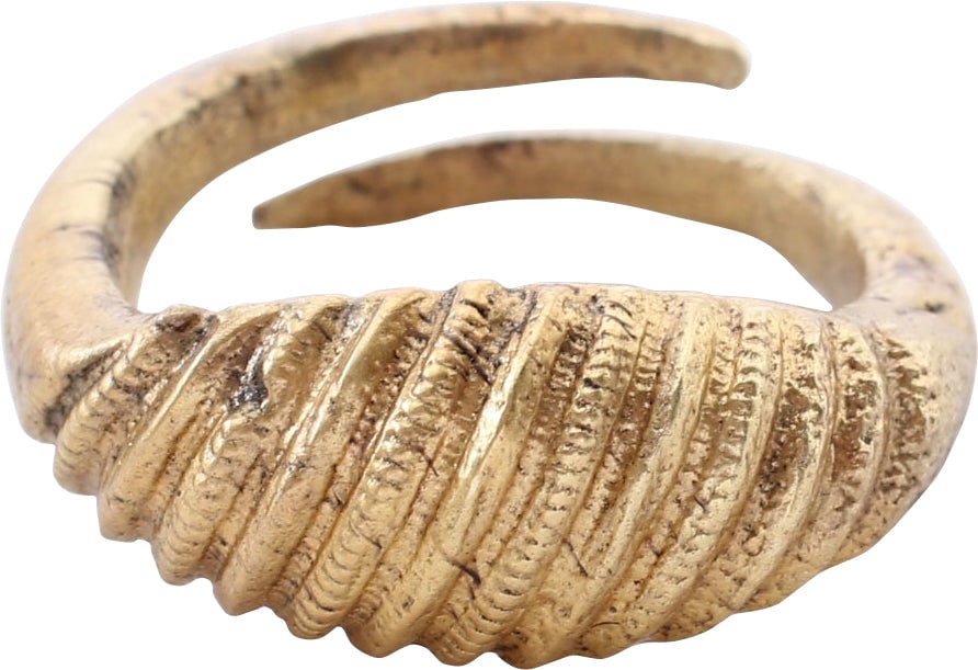 RARE AND SUPERB VIKING MAN'S RING, SIZE 11 ¼: Gilt bronze of iconic form with overlapping prong bottom and intricately detailed loaf shaped top or bezel with high angled ridges in roped or spiral arrangement. Each alternating with smooth ridge an