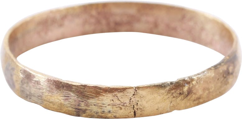 VIKING WARRIOR’S WEDDING RING, 9TH-11TH CENTURY AD, SIZE 12 3/4: Large size 10 ¾. Gilt bronze, well rounded section. 4.1mm band width. Vikings exchanged rings on the pommel of the groom’s sword. Professionally refurbished with the 24karat gold surface re