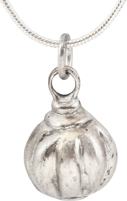 ANCIENT ROMAN WOMAN'S PENDANT NECKLACE 1ST-3RD CENTURY: These small globular pendants were popular among common women in ancient Rome, sometimes described as prostitute's pendants, a view that is widely published on the internet. This example is large for 