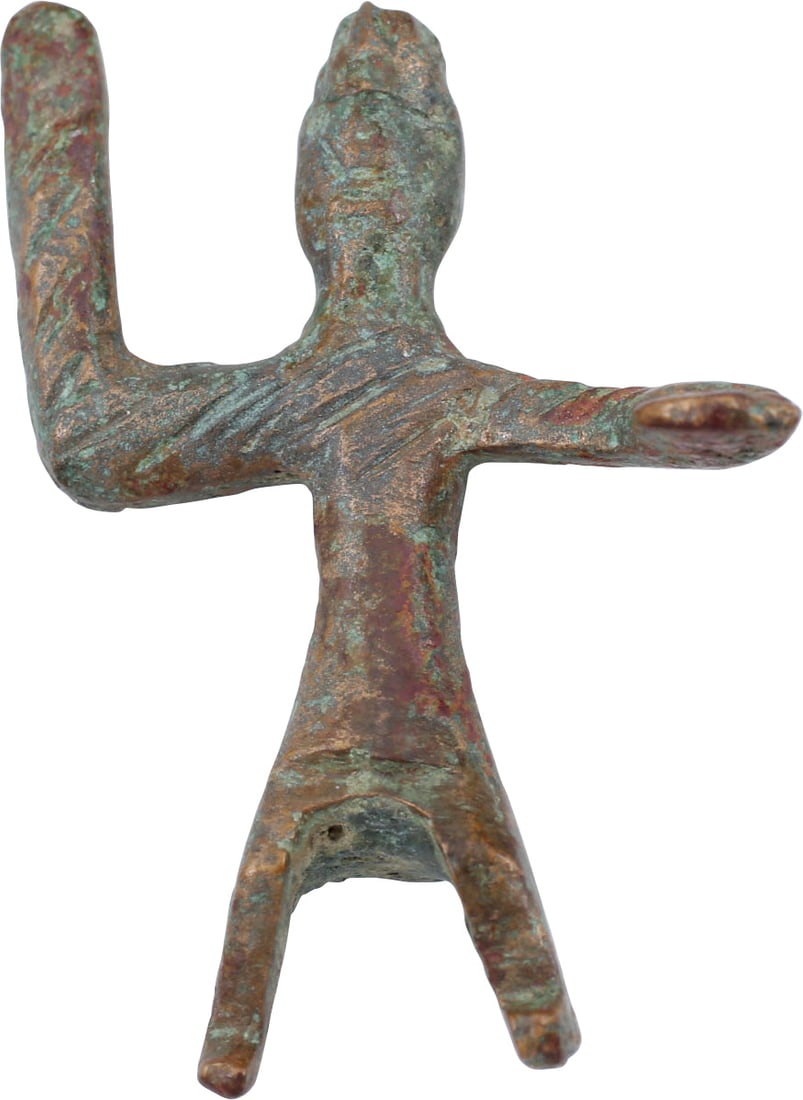 CELTIC VOTIVE FIGURE, C.2ND-1ST CENTURY BC: Danubian Tribes, Bronze votive figure of a horseman, with well modeled head and face. Upper body and raised right arm scored to indicate a pelt or robe. The right arm raised and the left downturned. S