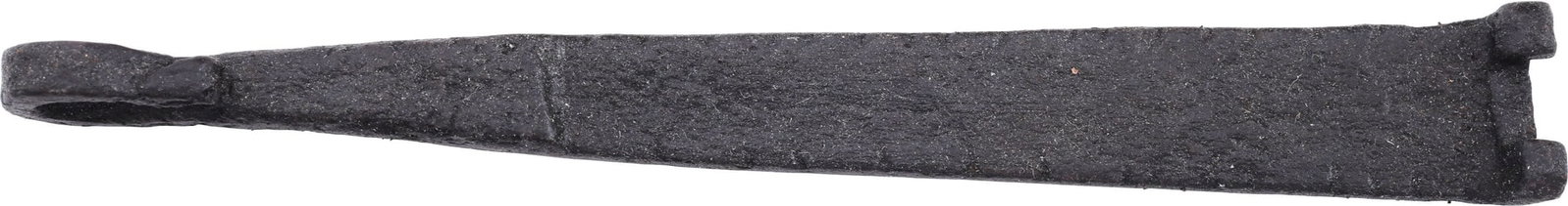 VIKING SLAVE LOCK KEY 10TH-11TH CENTURY AD: Iron, finely forged, 3 7/8" length, the shank stepped and tapered through its length with forged tip loop end. Opposite with a two prong bit. Professionally conserved excavated condition. Vikings were