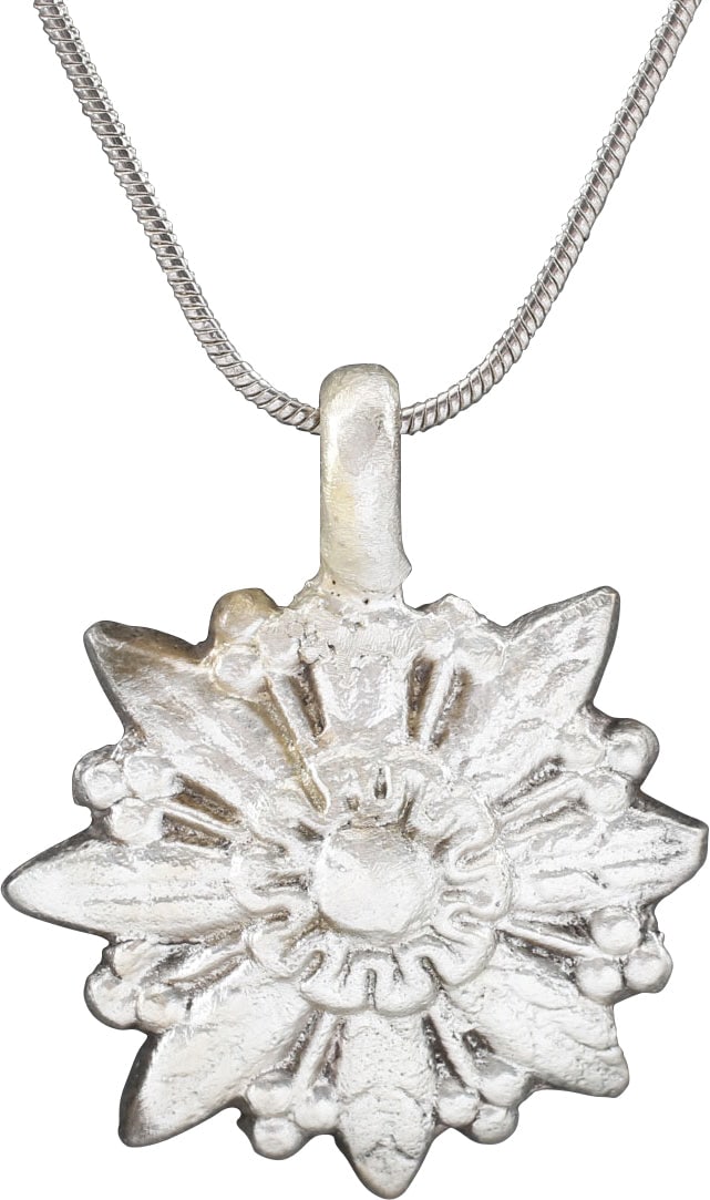 ROMAN WHEEL OF FORTUNE AMULET NECKLACE, 3ND-6TH CENTURY AD: The Wheel of Fortune (Rota Fortuna) is one of the most enduring of ancient philosophical or religious concepts. It was pivotal in Ancient Greek and Roman Paganism and smoothly transitioned into