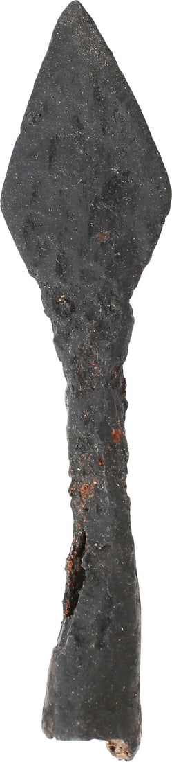 VIKING RAIDER’S SOCKETED ARROWHEAD C.850-1050 AD: Good large example. Over 3” length with tapered butted seam socket, eroded from burial. The point flat both sides as used for unprotected adversaries. A flesh cutting arrow made for raiding unar