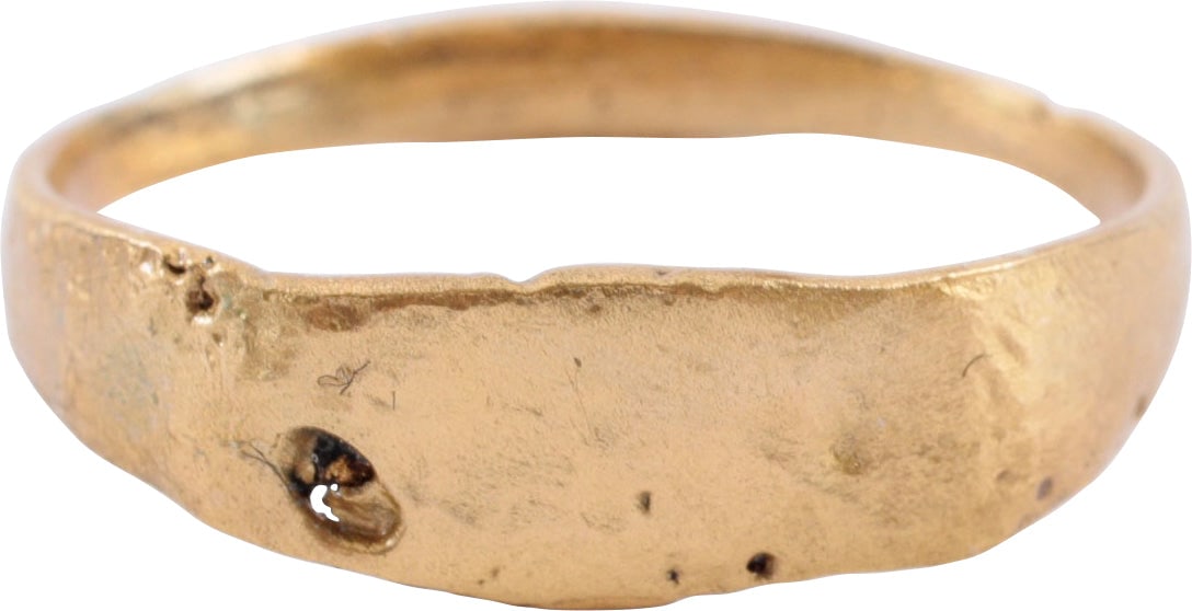 ROMAN RING C.4TH-6TH CENTURY AD, SIZE 8 1/4: Good wearable size 8 1/4. Gilt bronze with 1.2mm rounded face band flaring to the shoulders. Lenticular bezel with an indecipherable design, worn from use. Probably a signet ring. Surface heavily