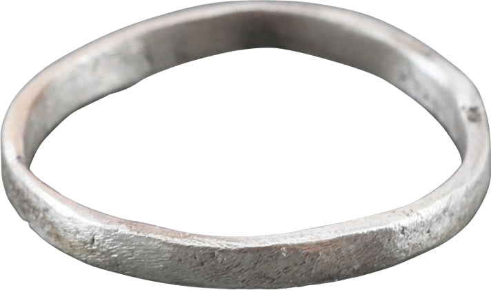 VIKING WOMAN’S WEDDING RING, 850-1050 AD: Gilt bronze, size 4 1/2 for wear between the first two joints of the small finger as was the custom. 1.7mm slightly rounded faced band. Crisp with light surface texture from burial. Professionally