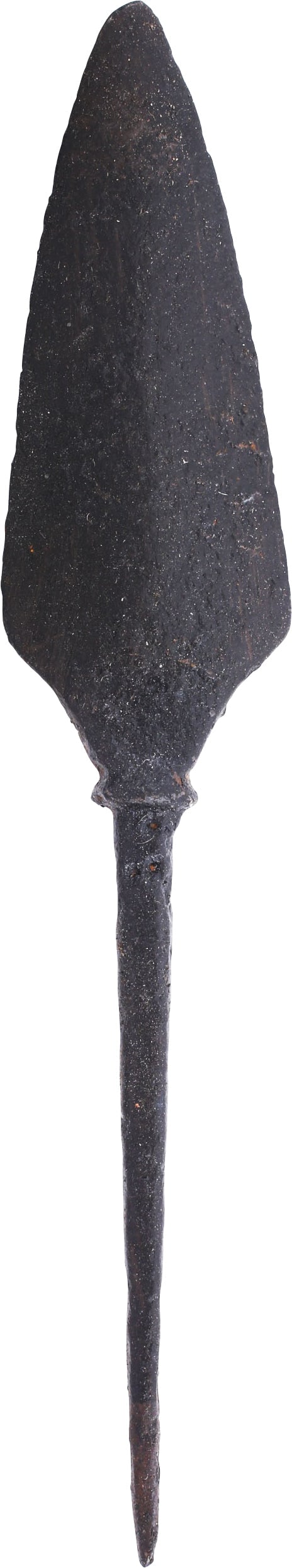 FINE VIKING TANGED ARROWHEAD, C. 9TH-10TH CENTURY: Well forged, about 4 1/4" length of battle weight intended for war raiding where the opponents would be marginally protected by padded jerkins. Rounded side triangular form point with medial ridges