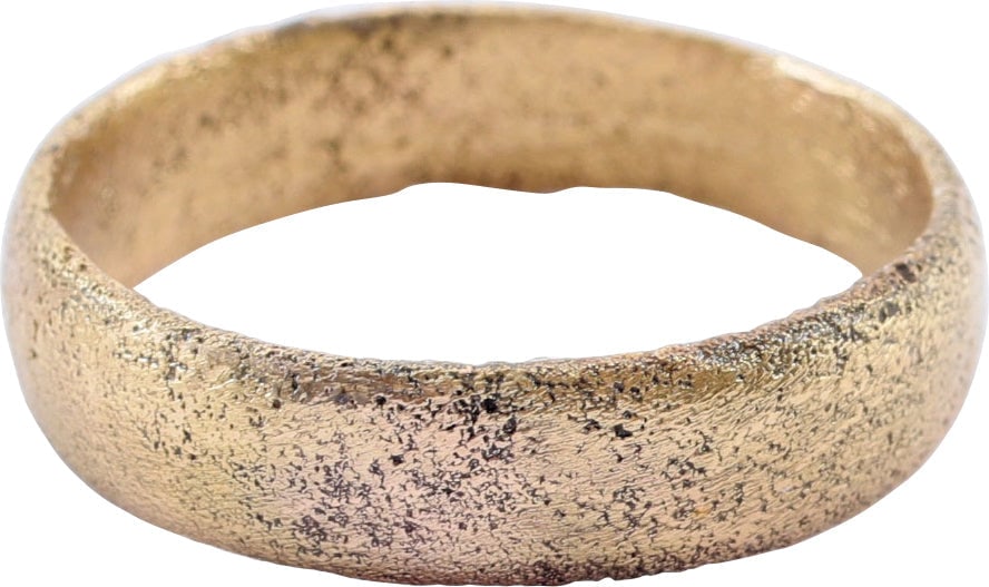 VIKING WARRIOR’S WEDDING RING, 9th-10th CENTURY, SIZE 9 1/4: 9th-10th century, Norway. Bronze, with broad rounded face, 5.3mm width. Surface textured from burial. Professionally refurbished with the 24karat gold surface restored. Jewelry gift boxed with a
