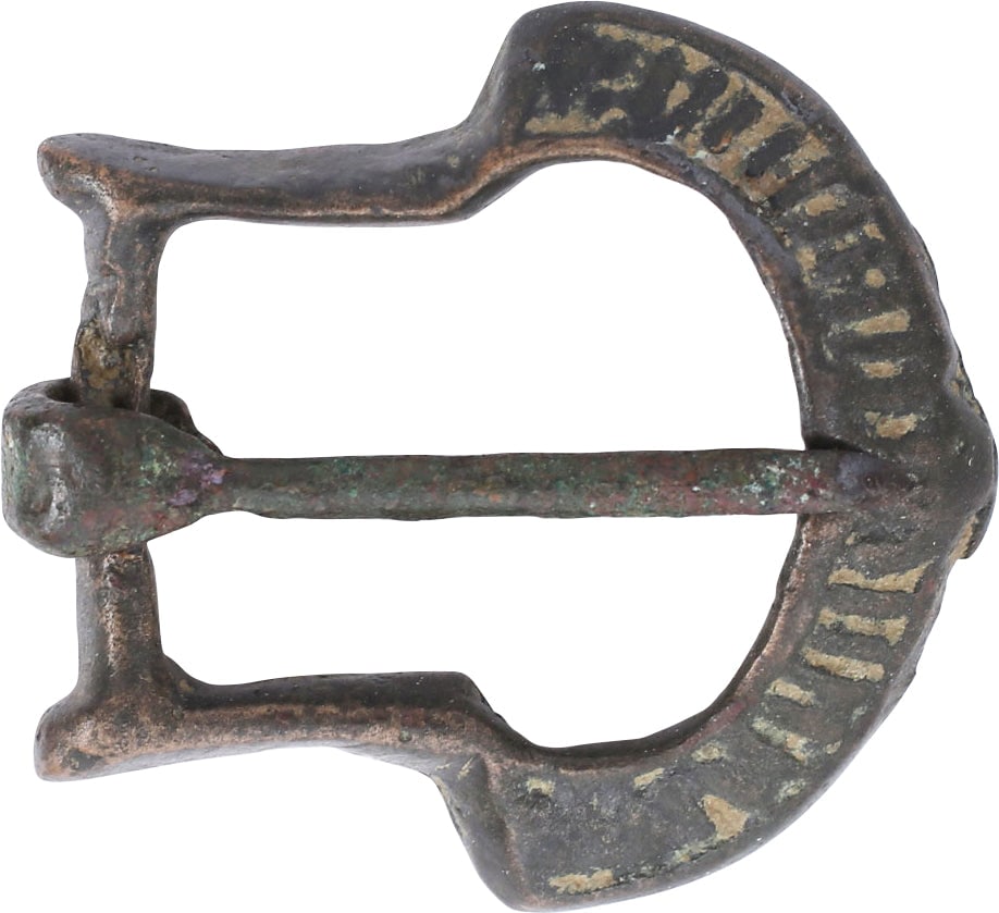 FINE ROMAN LEGIONARIES BELT BUCKLE, 3rd-4th CENTURY AD: Bronze. 1 1/8" length. Fine form with box frame and reeded crescent from terminal. Original tongue. For the sword and dagger belt of the Roman Legionary. •Celtic Roman Viking Medieval Norse Scan