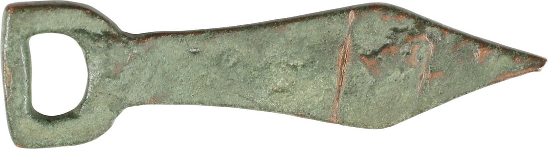 ROMAN LEGIONARY'S SWORD BELT TERMINAL, 2ND-3RD CENTURY AD: Bronze, tear-shaped with a stirrup form end. At the time, legionary's sword belts had split ends with two terminals. See https://www.forumancientcoins.com/numiswiki/view.asp?key=Military%20Belts, 40th