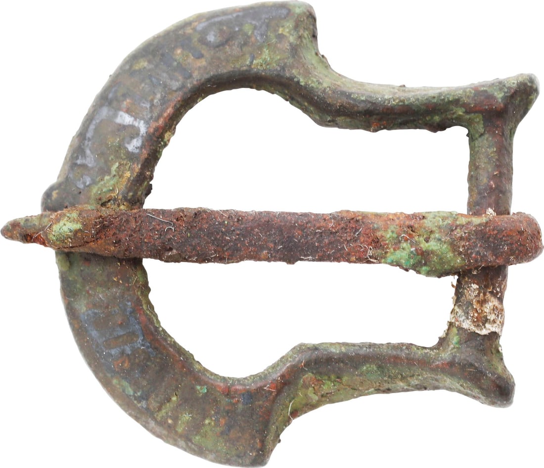 ROMAN LEGIONARIES BELT BUCKLE, 3RD-4TH CENTURY AD: Bronze. 1 1/4” (1.28”) length. Fine form with box frame and reeded crescent from terminal. Bronze tongue. For the sword and dagger belt of the Roman Legionary. See https://www.forumancient