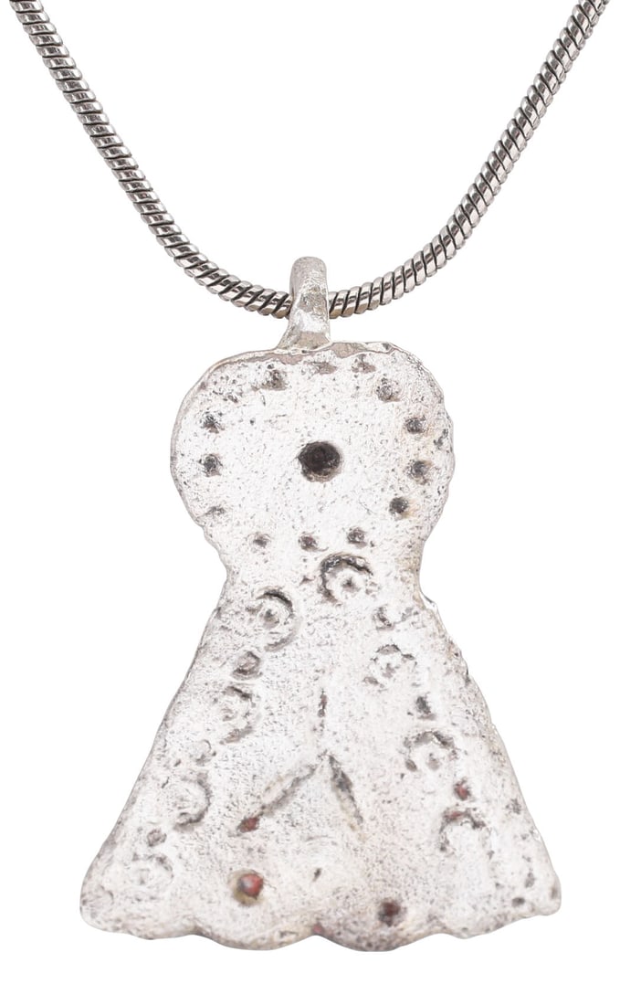 ROMAN LEGIONARY’S SWORD BELT MOUNT NECKLACE MID 4TH CENTURY AD: This is an original belt mount from a Roman legionary’s sword belt C.300-400AD. See Forum Ancient Coins website for virtually identical examples and detailed information. While decorative, these