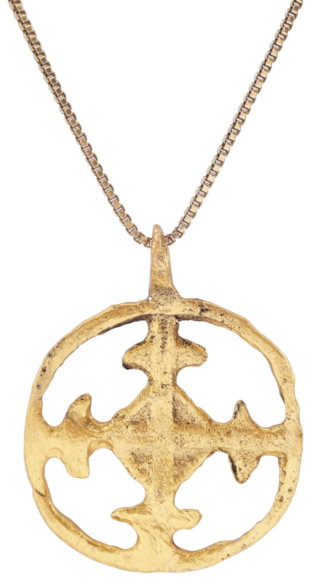 RARE CRUSADER'S CROSS PENDANT NECKLACE, 11th-13th CENTURY: 1096-1291. An actual pendant as worn by a crusader nearly 1000 years ago! Circular, pierced with a cross potent, "crutches" at the beam ends. That form is also known as the Crusader's cross, having