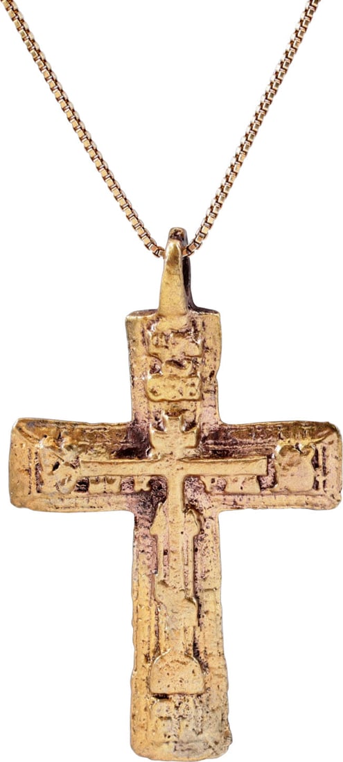 FINE LARGE EASTERN EUROPEAN CHRISTIAN CROSS: 17th-18th century, Russia/Ukraine. Gilt bronze, slightly under 1 7/8” (1.81”) height. Elegant form with a raised cross-centered and Cyrillic ciphers at the beam terminals. The reverse fill