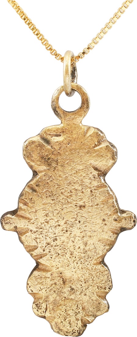 SCANDINAVIAN NORSE PENDANT NECKLACE, 12TH-13TH CENTURY: Period of conversion to Christianity of the Vikings and adapting an old Viking favorite form, the heart. A little over 1 3/8" total height. Radially reeded central oval with a trefoil form top and