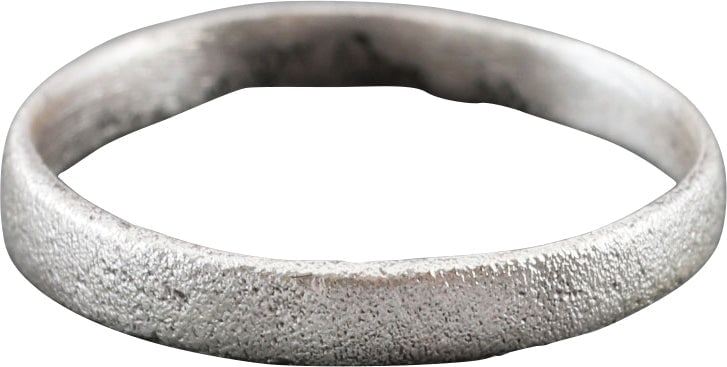 VIKING WOMAN’S WEDDING RING, 850-1050 AD SIZE 3 3/4: Silvered bronze, size 3 ¾ for the small finger as was the custom. 2.2mm low rounded faced band. Crisp with light surface texture from burial. Professionally refurbished with the pure silver