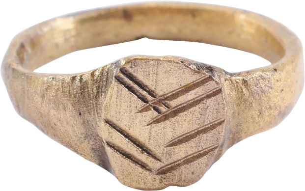 MEDIEVAL EUROPEAN RING, 900-1200 AD SIZE 6 ½: Rounded face tapered band 2.7mm, flaring to the shoulders. Raised rounded square bezel cut with a pair of chevrons, a reference to the Star of Bethlehem which at this time was depicted as a diamond sh