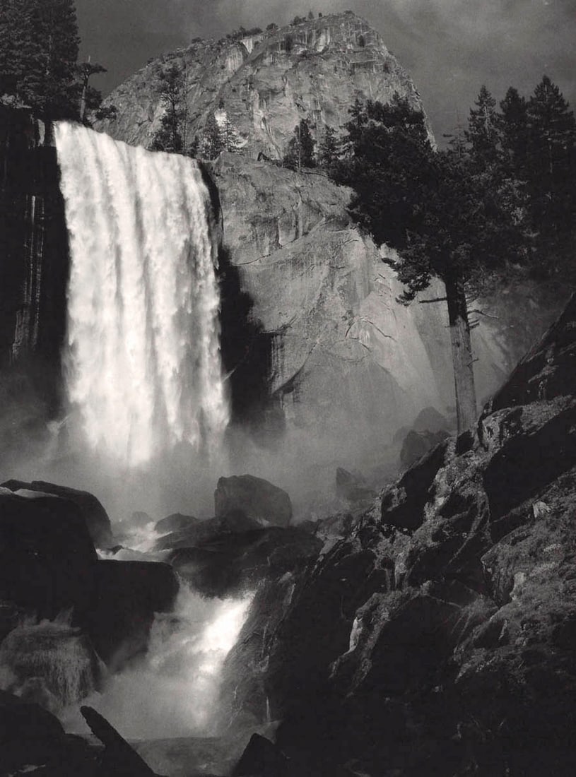 ANSEL ADAMS - Vernal Fall, Yosemite, c. 1948: Artist: ANSEL ADAMS Print Title: Vernal Fall, Yosemite, c. 1948 Medium: Double Impression Photolithograph Printed 1970’s in the US Image Size: approx.10 x 7.5” Ansel Easton Adams (1902