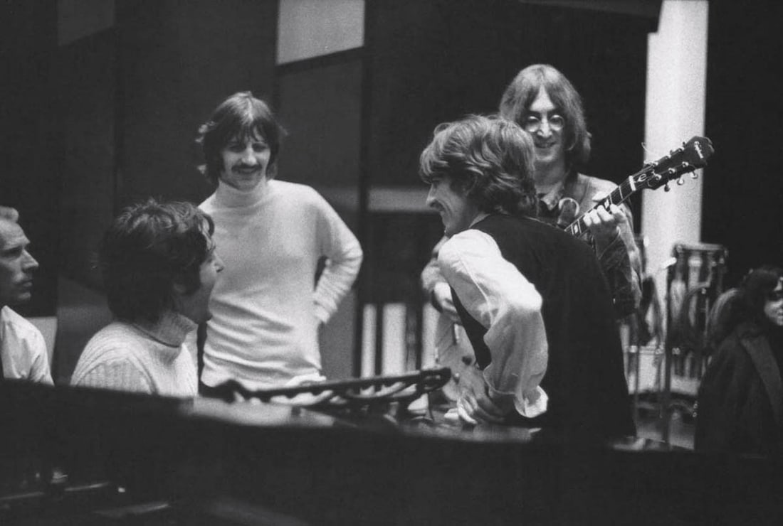 LINDA MCCARTNEY - The Beatles with George Martin: Artist: LINDA MCCARTNEY Print Title: The Beatles with George Martin Medium: Photo-lithograph 1990’s in Hong Kong Image size (inches) approx. 6 x 8.5” Linda Eastman McCartney was an America