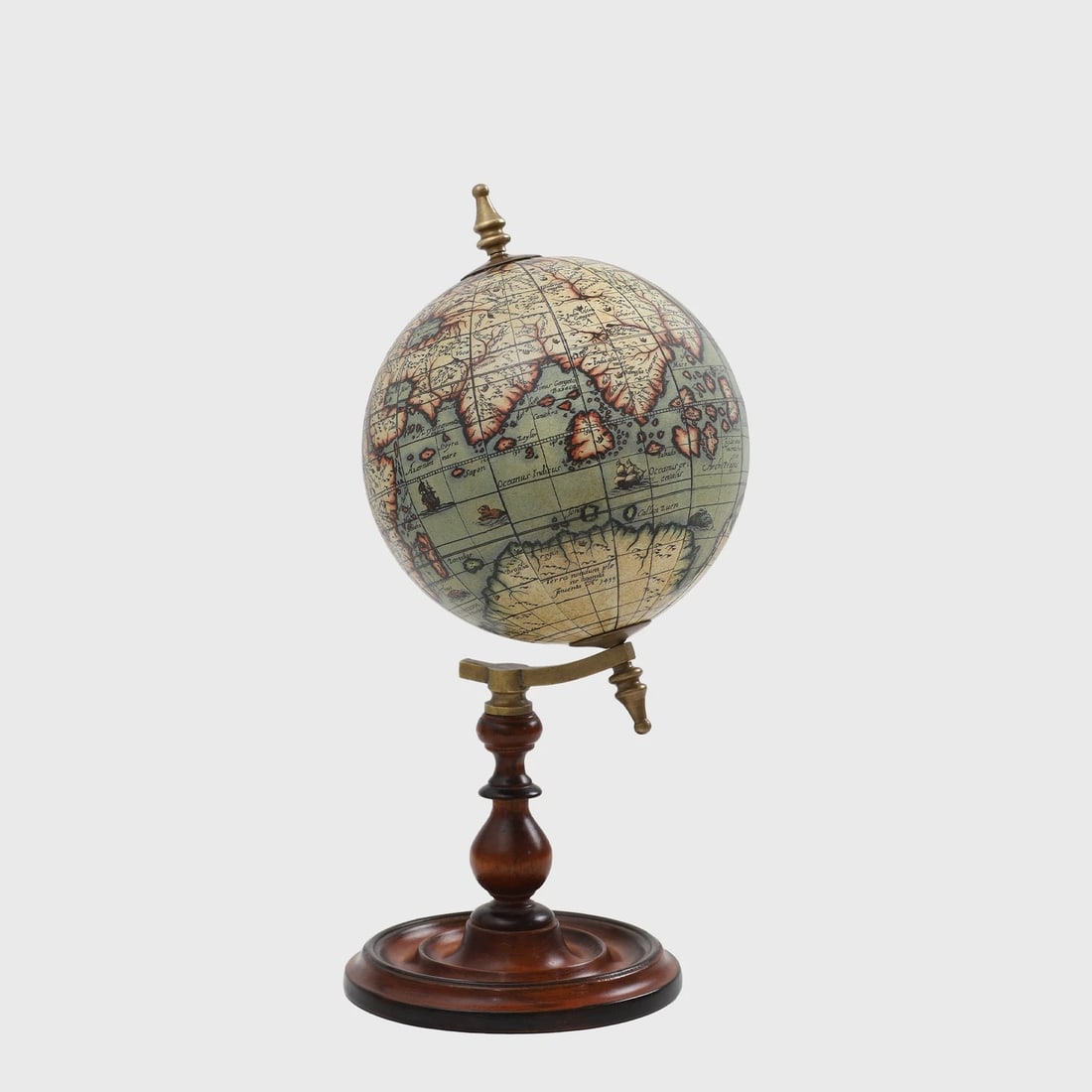 Old World 8" Globe w Turned Wood Stand: Wonderful New reproduction globe. Smaller 8" antique globes like this are seldom seen compared to the larger ones. Be sure to see the images. Wonderful turned wood base with slight distressing to