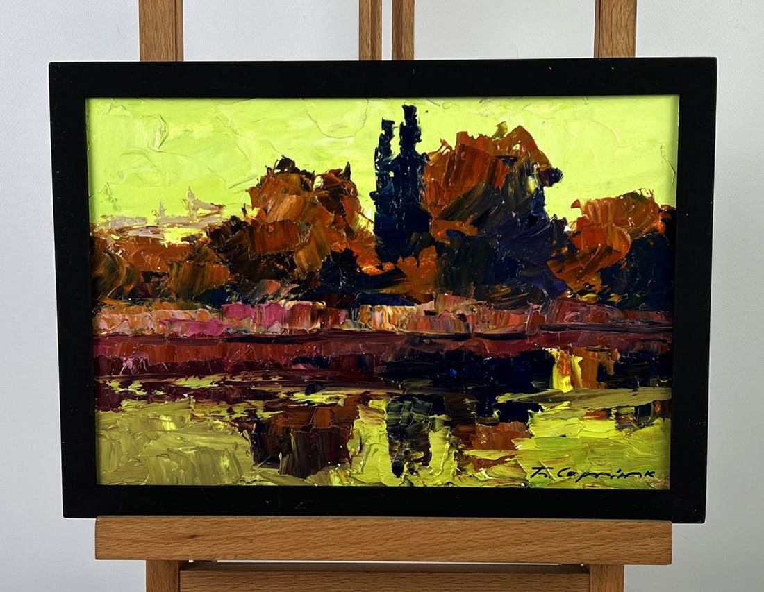 Oil painting The sunset is reflected in the river Boris Serdyuk: NoAAA6367*** ABOUT THIS PAINTING **** TITLE: "The sunset is reflected in the river"* ARTISTS: Boris Serdyuk* SIZE: 20x30 cm/7.87x11.81 inches'* MEDIUM: oil, cardboard* HAND PAINTED: Original painting 