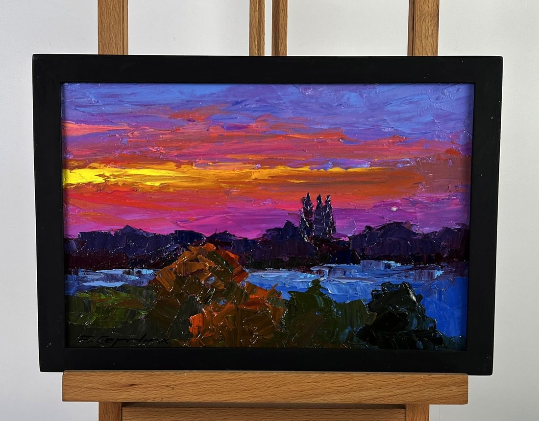 Oil painting Crimson sunset in nature Boris Serdyuk: NoAAA6392*** ABOUT THIS PAINTING **** TITLE: "Crimson sunset in nature"* ARTISTS: Boris Serdyuk* SIZE: 20x30 cm/7.87x11.81 inches'* MEDIUM: oil, cardboard* HAND PAINTED: Original painting from our