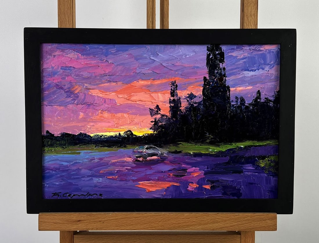 Oil painting A romantic sunset outside the city Boris Serdyuk: NoAAA6393*** ABOUT THIS PAINTING **** TITLE: "A romantic sunset outside the city"* ARTISTS: Boris Serdyuk* SIZE: 20x30 cm/7.87x11.81 inches'* MEDIUM: oil, cardboard* HAND PAINTED: Original painting fr