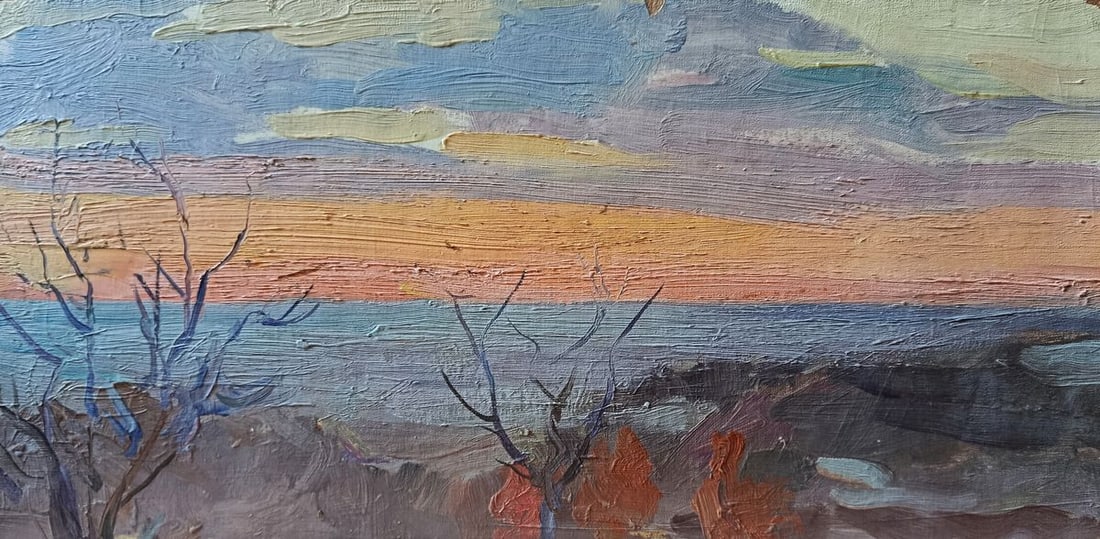 Oil painting Orange sunset over the sea Unknown artist: NoVerne 471*** ABOUT THIS PAINTING **** TITLE: "Orange sunset over the sea"* ARTISTS: Unknown artist* SIZE: 22x46 cm/'8.66x18.11 inches'* MEDIUM: oil, cardboard* HAND PAINTED: Original painting from