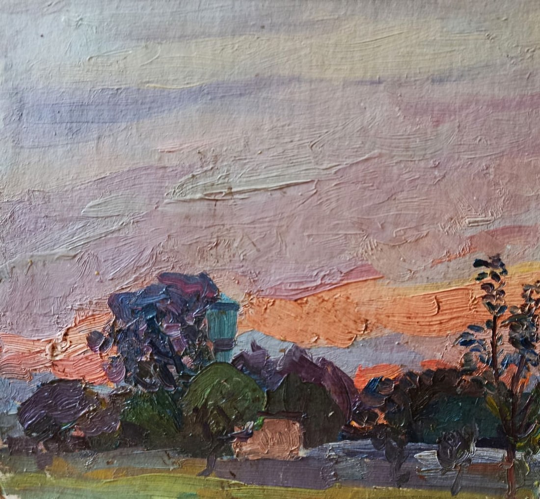 Oil painting Evening has come in the forest Unknown artist: NoVerne 472*** ABOUT THIS PAINTING **** TITLE: "Evening has come in the forest"* ARTISTS: Unknown artist* SIZE: 33x36 cm/'12.99x14.17 inches'* MEDIUM: oil, cardboard* HAND PAINTED: Original painting