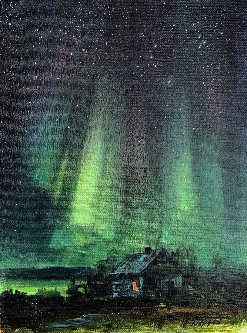 Oil painting Northern lights Tatyana Derdey: NoAAA3305"Northern Lights" is a mesmerizing Oil painting that captures the ethereal beauty of the aurora borealis illuminating the night sky. The artist skillfully portrays the natural phenomenon,