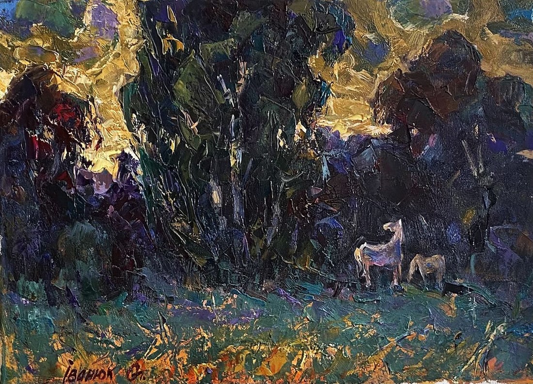 Oil painting Sunset over the forest Oleksiy Ivanyuk: NoKalen 1650The Oil painting Canvas titled "Sunset over the forest" captures the mystical moment when daylight begins to dissolve into the tender embrace of twilight, casting the landscape into a