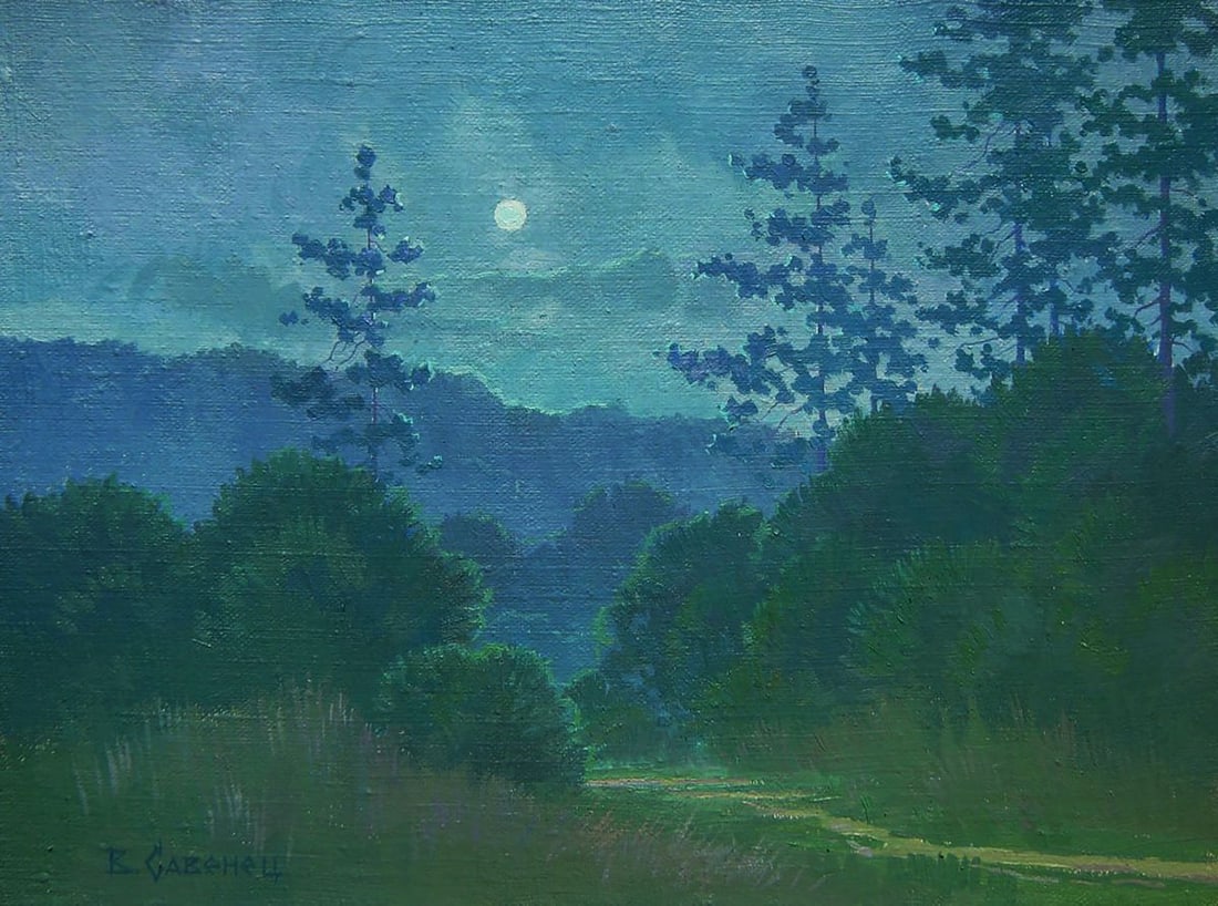 Oil painting Moonlit Night Valery Savenets: NoSav 351*** ABOUT THIS PAINTING **** TITLE: "Moonlit Night"* ARTISTS: Valery Savenets* SIZE: 30x40 cm/'11.81x15.74 inches'* MEDIUM: oil, canvas* HAND PAINTED: Original painting from our collection*