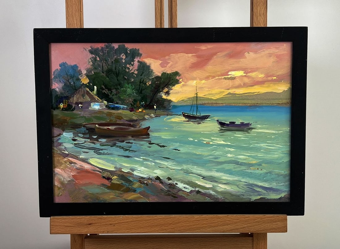 Oil painting Boats at sunset Yuriy Suprunchuk: NoAAA5996*** ABOUT THIS PAINTING **** TITLE: "Boats at sunset"* ARTISTS: Yuriy Suprunchuk* SIZE: 20x30 cm/7.87x11.81 inches'* MEDIUM: oil, cardboard* HAND PAINTED: Original painting from our collectio